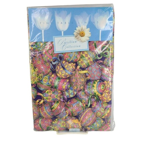 Easter Egg Tablecloth Pastel Spring Gold Accents Oblong Fabric 52 x 70 New - Picture 1 of 9